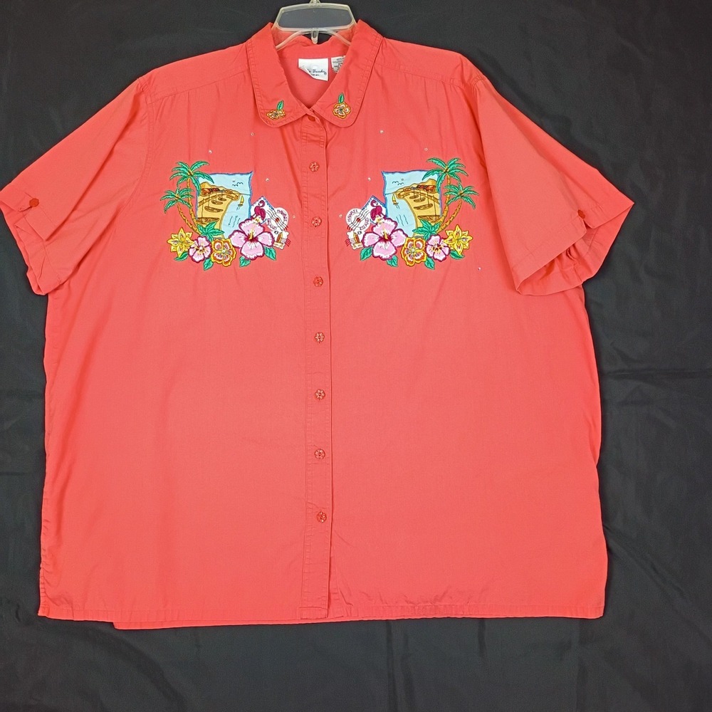 Bobbie Brooks Woman Plus 22W 24W Grandmacore Coral Tropical Embroidered Shirt